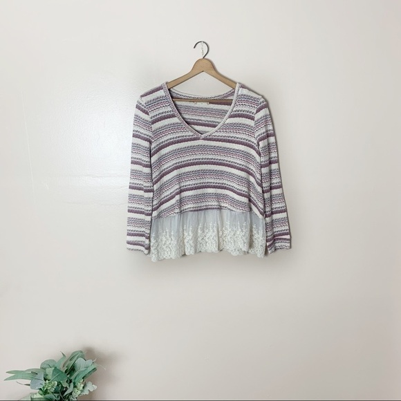 [Altar'd State] Knit Boho Striped Lace Hem Long Sleeve V-neck Sweater Top - Picture 1 of 7